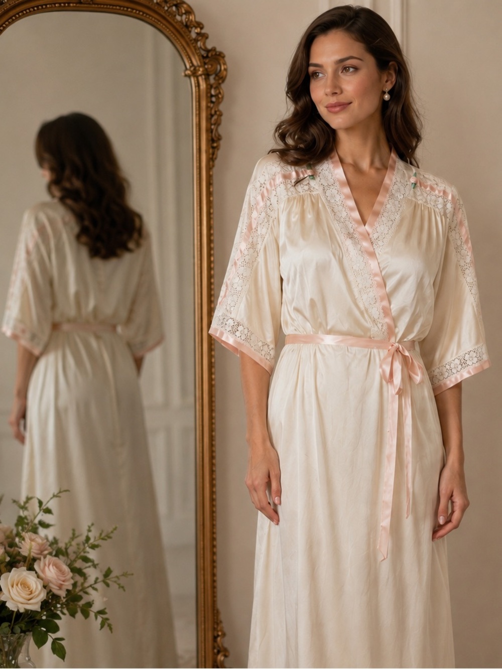 Vintage Gilead S/M Nylon Gown Robe Ivory Pink Lace Peignoir Made USA Bridal